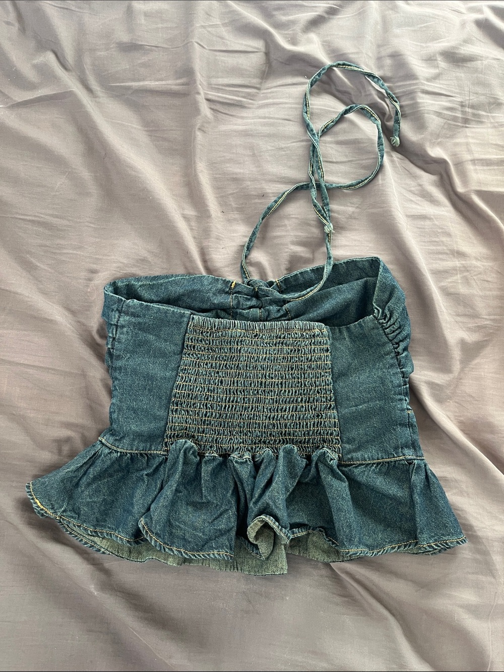 Denim Halter Ruffle Peplum Top - Blue - Picture 4 of 6